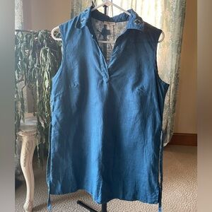 Vintage St. John’s Bay blue linen sleeveless embroidered collar tunic top